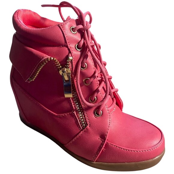 Lucky Top Girls Pink Wedge Sneakers | Lace-Up Leatherette Shoes with Side Zipper - Picture 2 of 7
